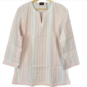 UNTUCKit Durfort Top White Coral NWT Striped Blouse Cotton Preppy Shirt Size 6